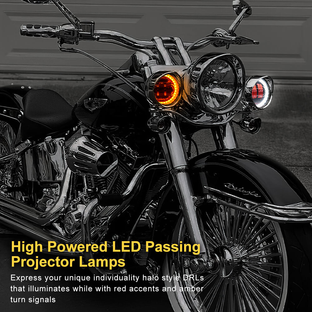 4.5 Inch Round Passing Fog light With Red Demon Eyes, White DRL and Amber Turn Signal Halo for Harley Motorcycle