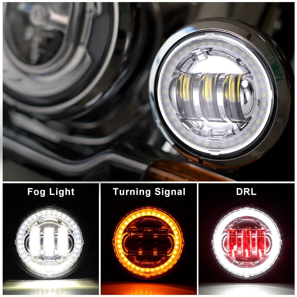 4.5 Inch Round Passing Fog light With Red Demon Eyes, White DRL and Amber Turn Signal Halo for Harley Motorcycle