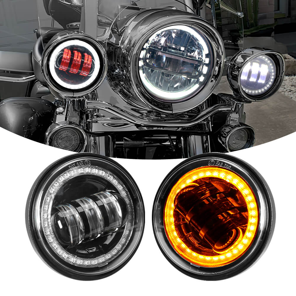 4.5 Inch Round Passing Fog light With Red Demon Eyes, White DRL and Amber Turn Signal Halo for Harley Motorcycle