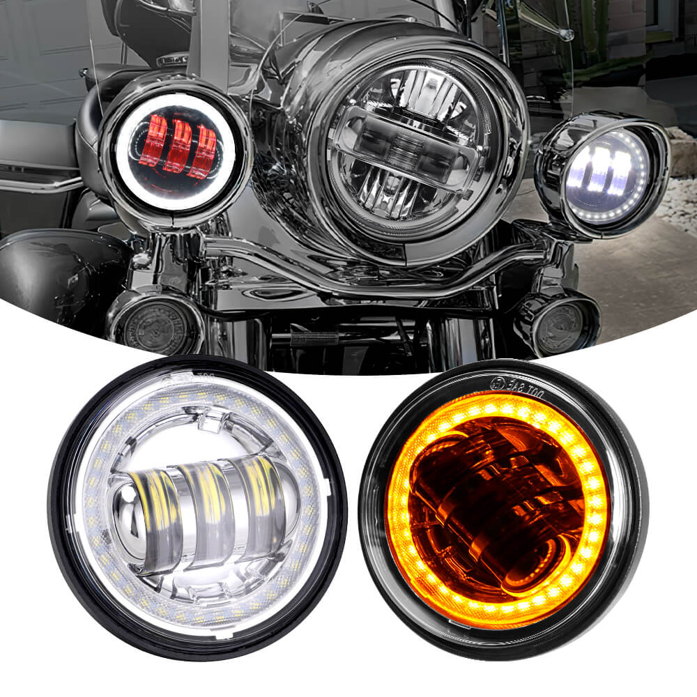 4.5 Inch Round Passing Fog light With Red Demon Eyes, White DRL and Amber Turn Signal Halo for Harley Motorcycle