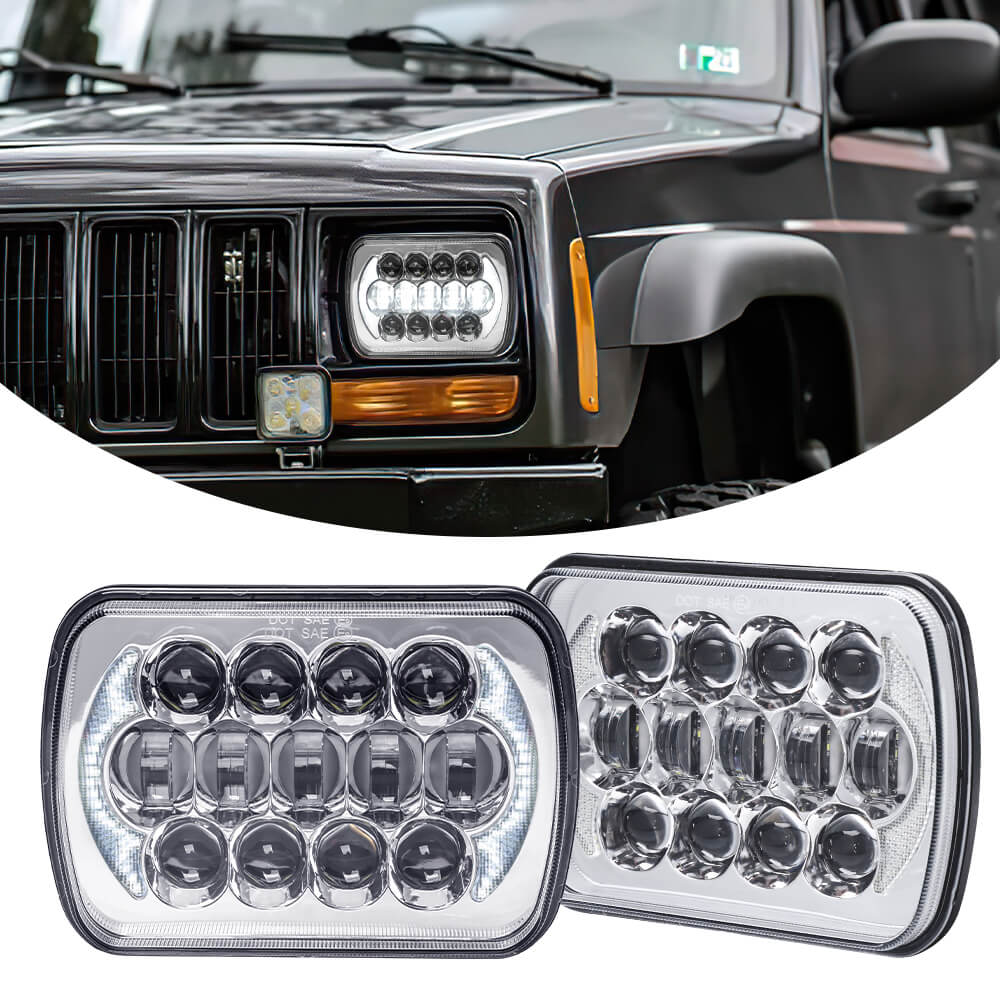 Chrome 5x7 inch 85W Rectangular LED Headlights Compatible with Jeep Wrangler YJ, Cherokee XJ