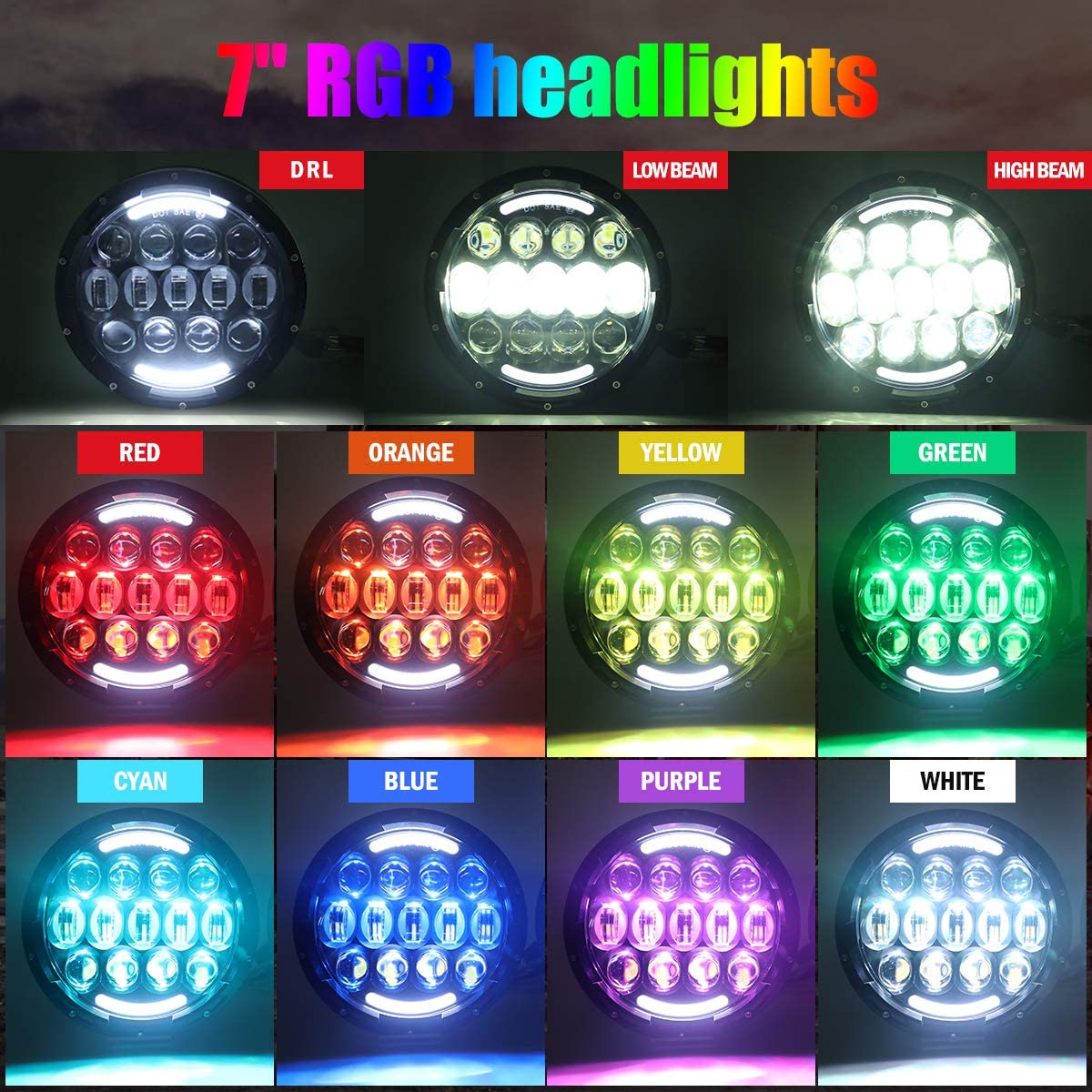 7'' RGB High Low Beam Headlight with Angel Eye | Pair - loyolight