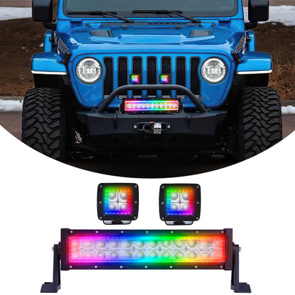 Flood Spot Combo Led Light Bar and 2PCs LED Square Cube Pods Work Lights Kit with Chasing RGB Halo Ring DRL(10)