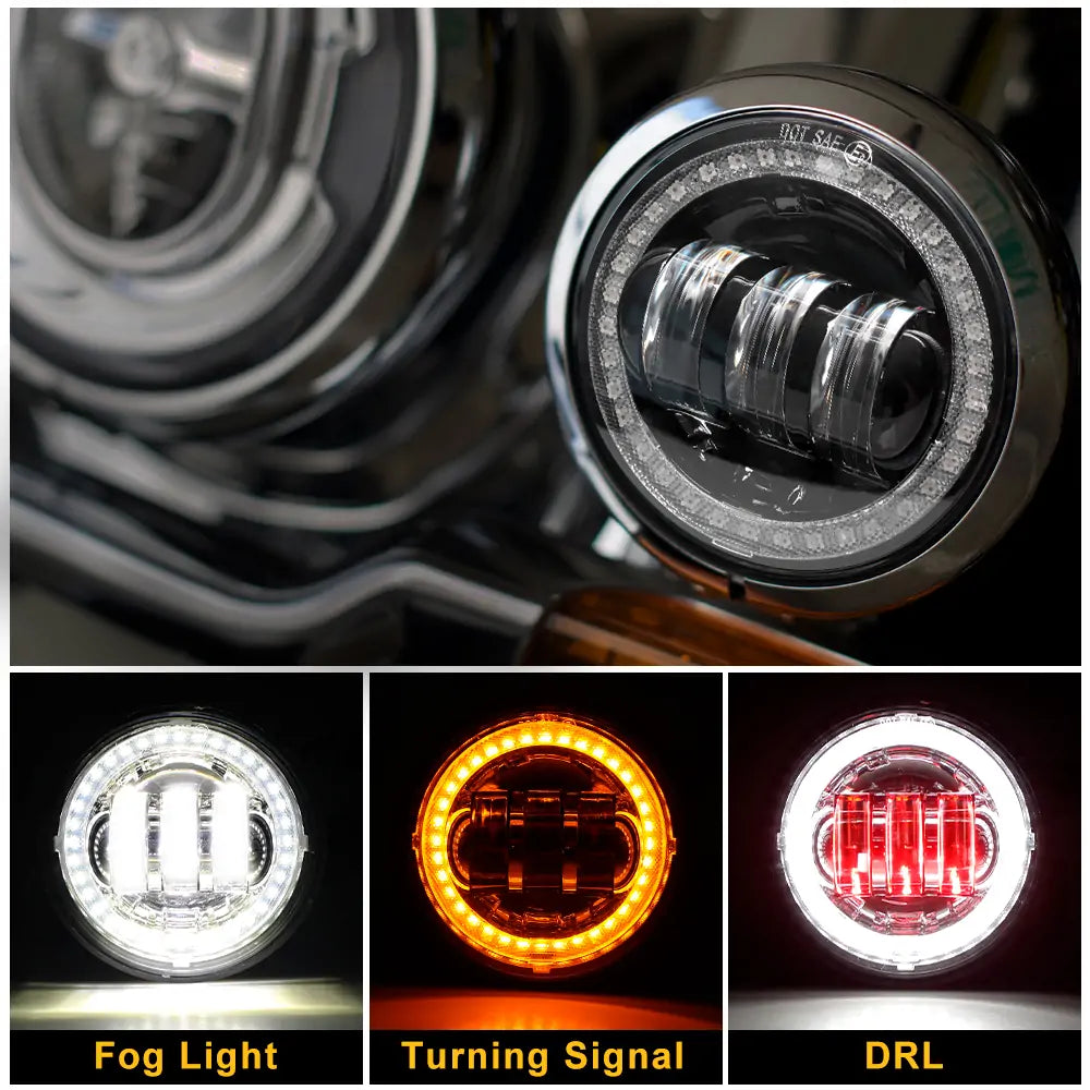 4.5 inch passing lights with amber turn signal and red demon eye for harley