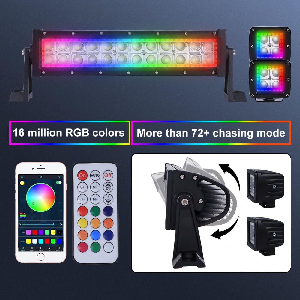 Flood Spot Combo Led Light Bar and 2PCs LED Square Cube Pods Work Lights Kit with Chasing RGB Halo Ring DRL 2