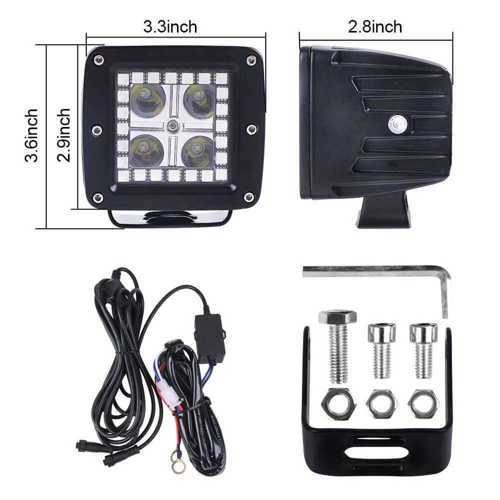 Flood Spot Combo Led Light Bar and 2PCs LED Square Cube Pods Work Lights Kit with Chasing RGB Halo Ring DRL(7)