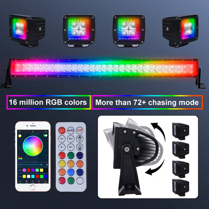 Chasing RGB Halo Ring DRL Flood Spot Combo Led Light Bar and 4PCs LED Square Cube Pods Work Lights Kit