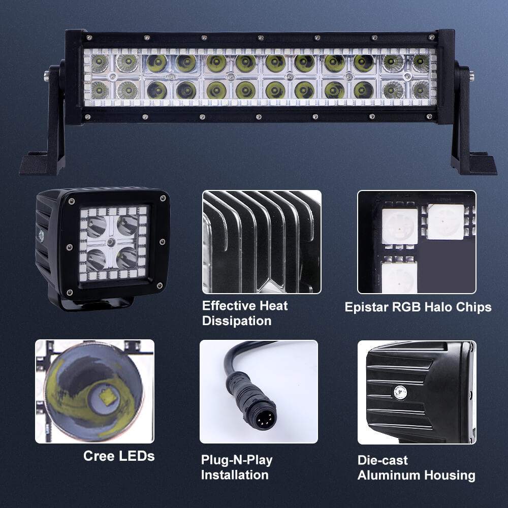 Chasing RGB Halo Ring DRL Flood Spot Combo Led Light Bar and 4PCs LED Square Cube Pods Work Lights Kit