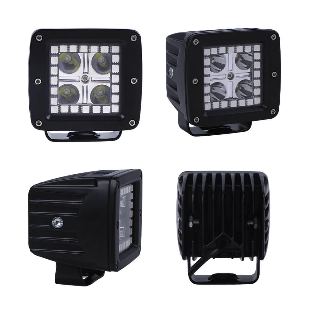 Flood Spot Combo Led Light Bar and 2PCs LED Square Cube Pods Work Lights Kit with Chasing RGB Halo Ring DRL(8)