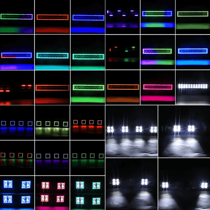 Chasing RGB Halo Ring DRL Flood Spot Combo Led Light Bar and 4PCs LED Square Cube Pods Work Lights Kit