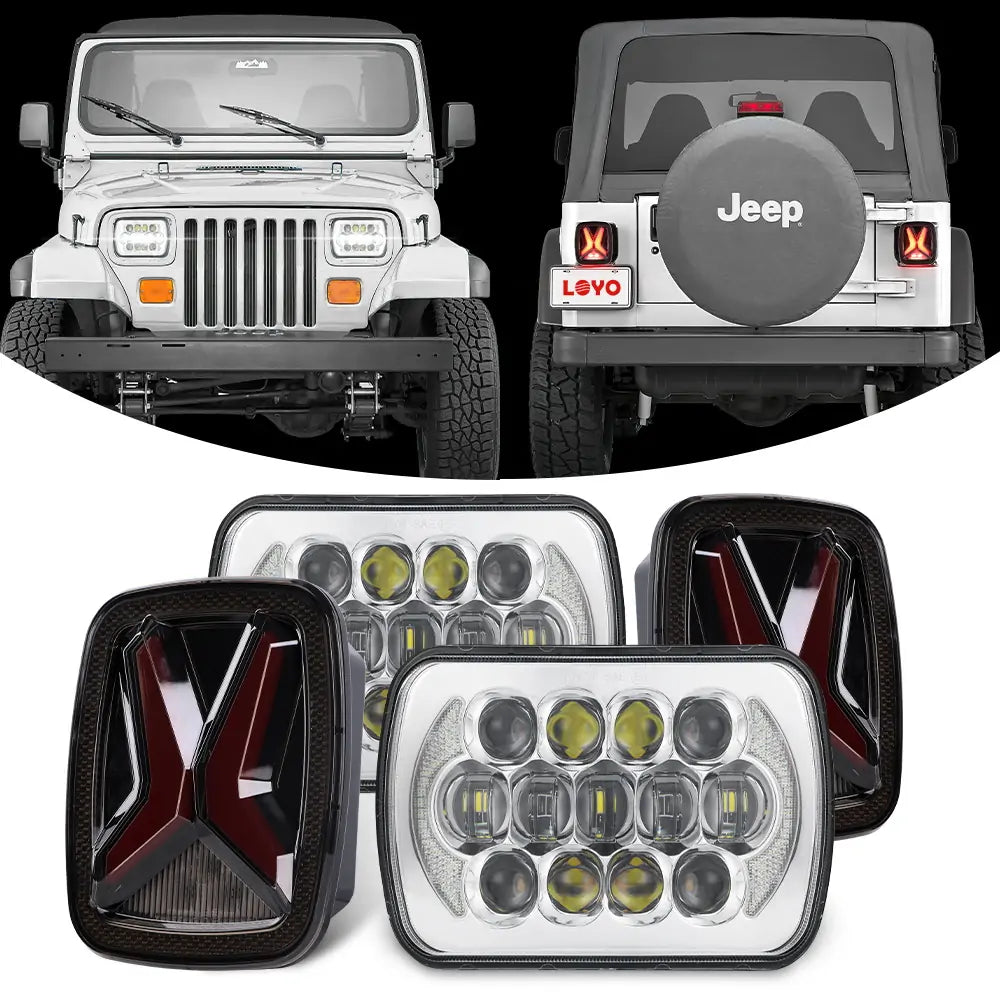 85W 5”x7” Led Headlights+Smoke X Shape LED Tail Lights Kit for Jeep Wrangler YJ 1986-1995