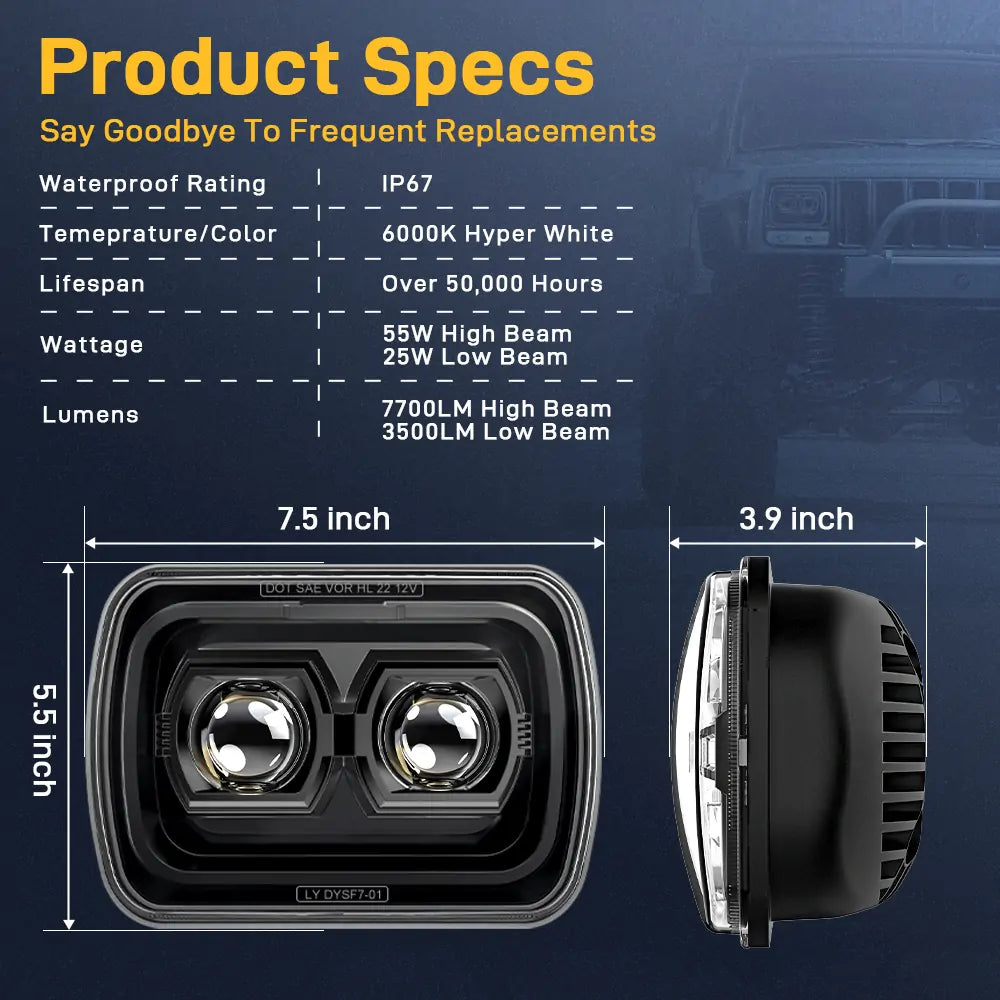 5x7 7x6 inch LED Headlights for Jeep XJ