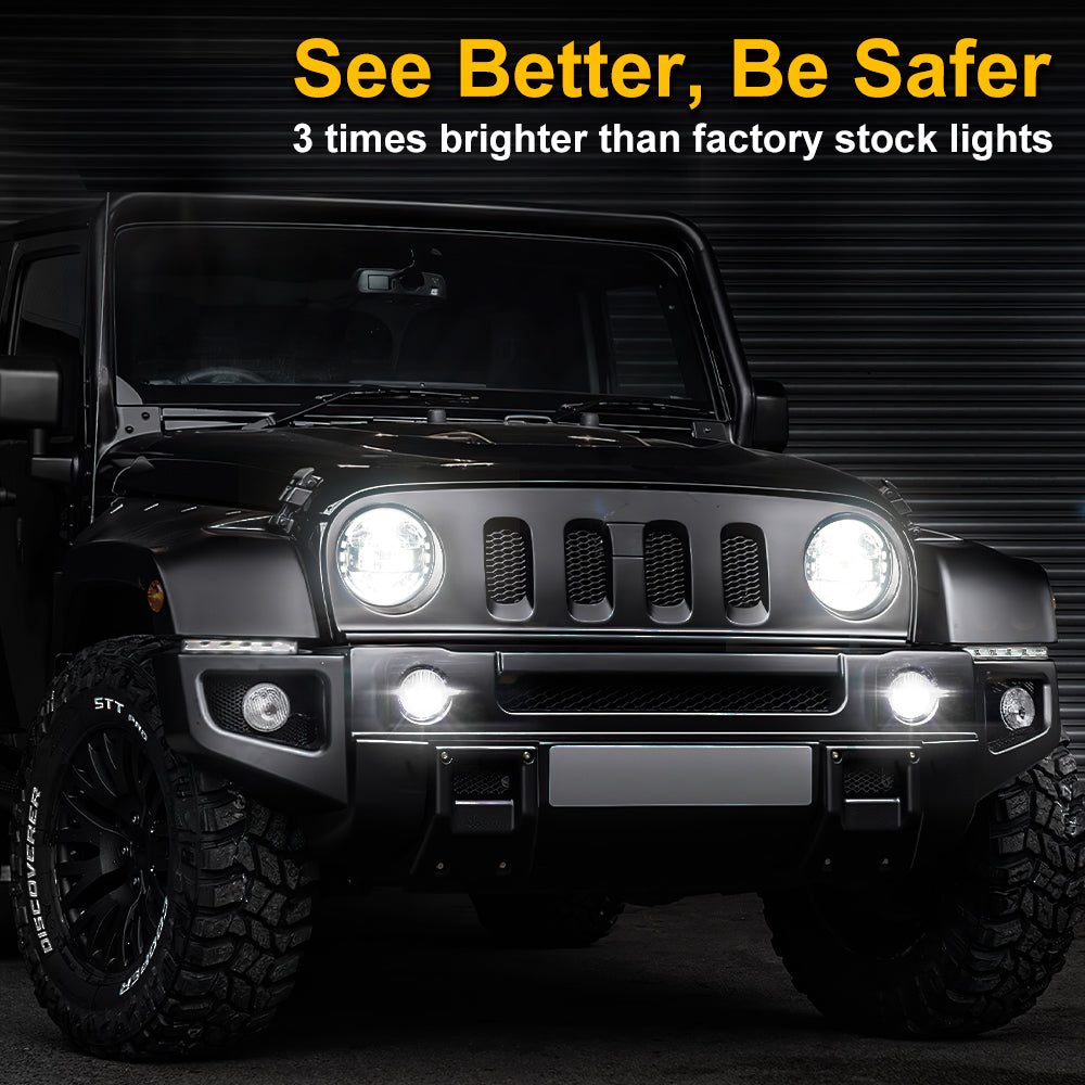 7 inch headlights and fog lights for jeep wrangler JK, Plug and Play | LOYO