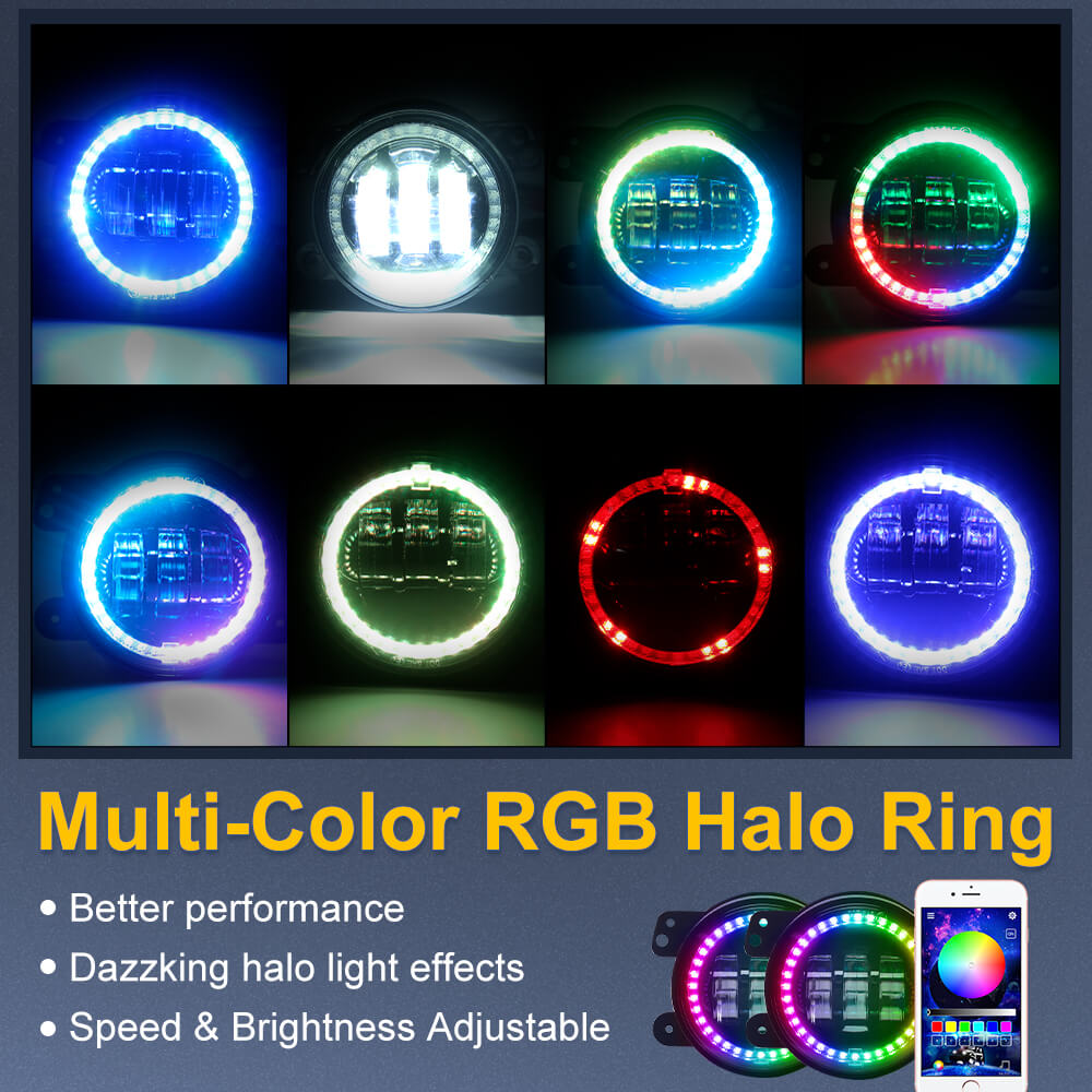 Jeep Wrangler JK LED Fog Lights with RGB Halo Angel Ring Bluetooth
