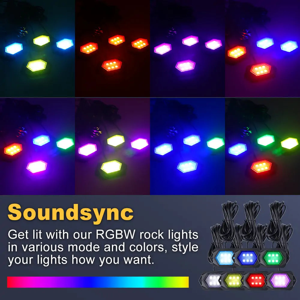 RGBW Rock Lights with bluetooh control, music mode, chasing mode