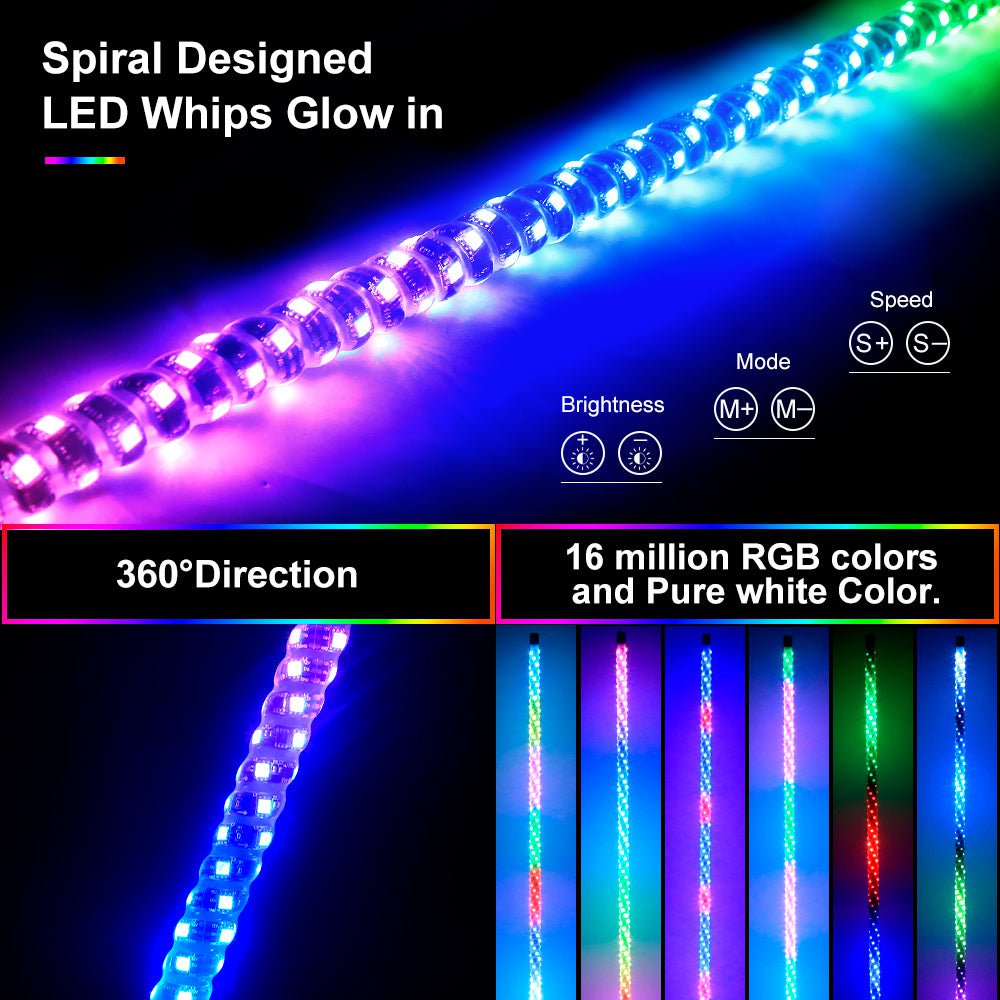 RGB Spiral Whip Lights Bluetooth Remote Controlled | Offorad