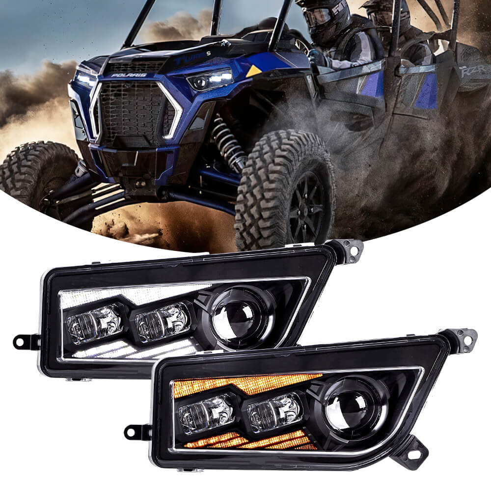 A left and right side pair of RZR 1000 XP LED headlights made for Polaris