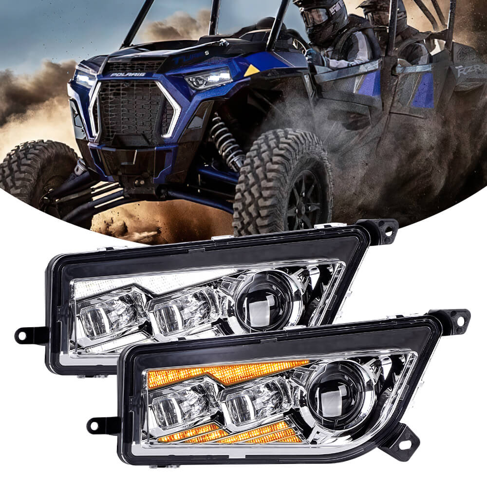 A left and right side pair of RZR 1000 XP LED headlights made for Polaris-Chrome