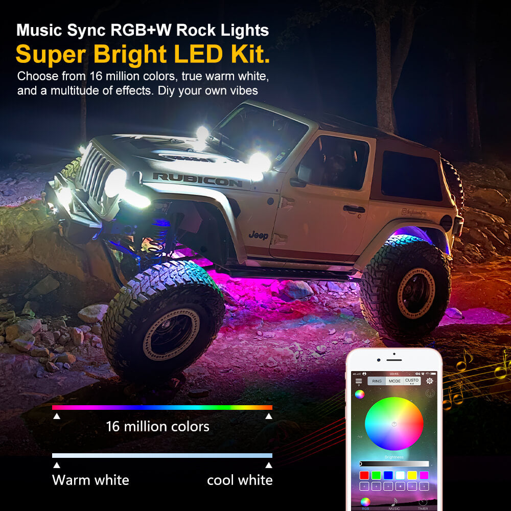 RGBW LED Rock Lights with Bluetooth Controller, Music Mode